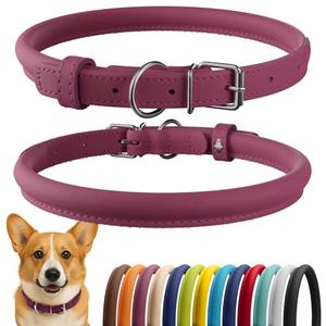 Leather Dog Collar, Soft Padded Round Puppy Collar, Handmade Genuine Leather Collar Dog Small Large Cat Collars 13 Colors (11-14 Inch, Pink Smooth)