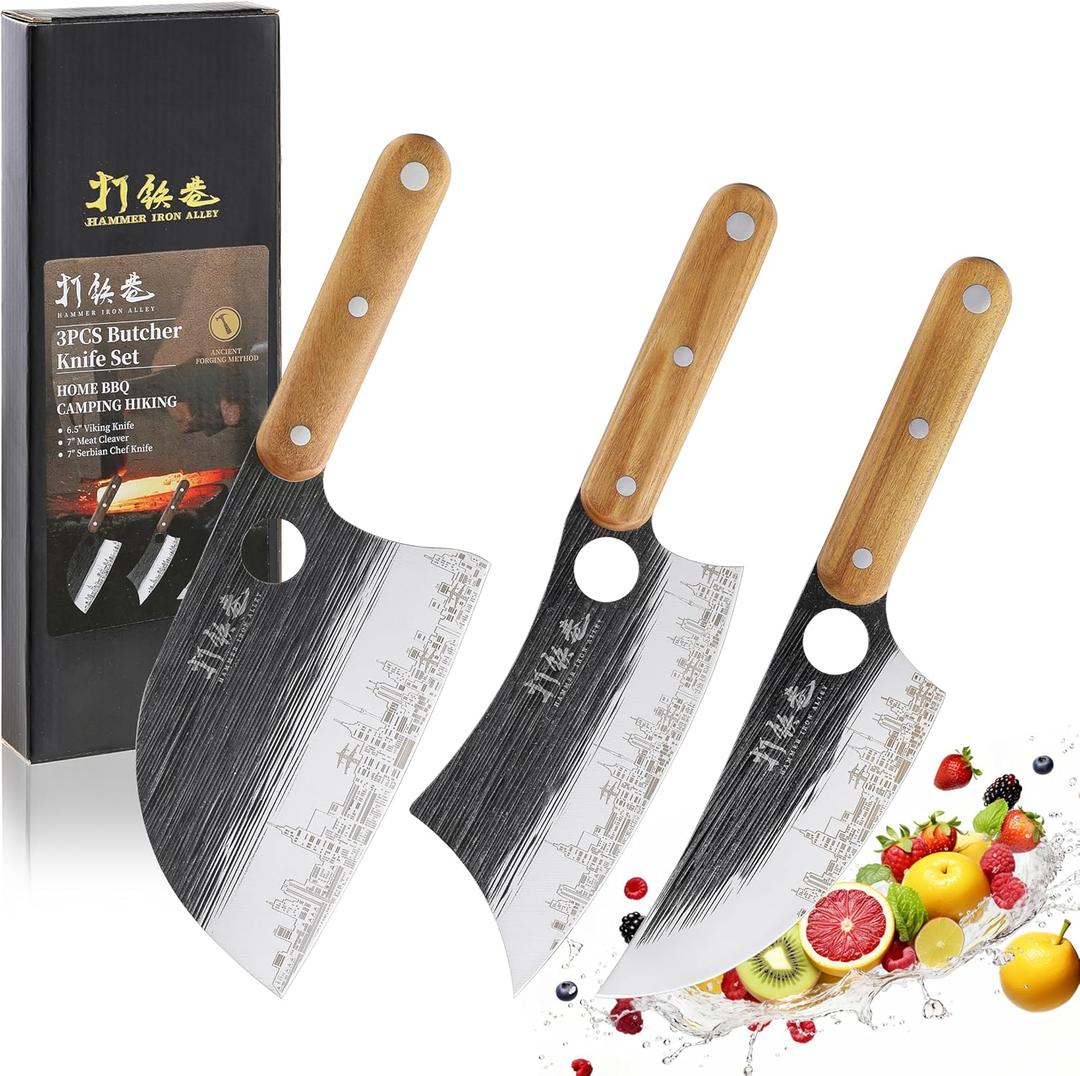 3PCS Butcher Knife Set, 7" Butcher Meat Cleaver, 7" Serbian Chef Knife and 6.5" Viking Knife, Hand Forged Butcher Knife with Wooden Handle, Ideal for Home, Camping, BBQ (Unique Pattern)