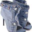 THESHY Women's Peep Toe Stiletto High Heel Ankle Denim Boots Metal Button Sandals Bootie Fashion Shoes for Women (4, Blue)