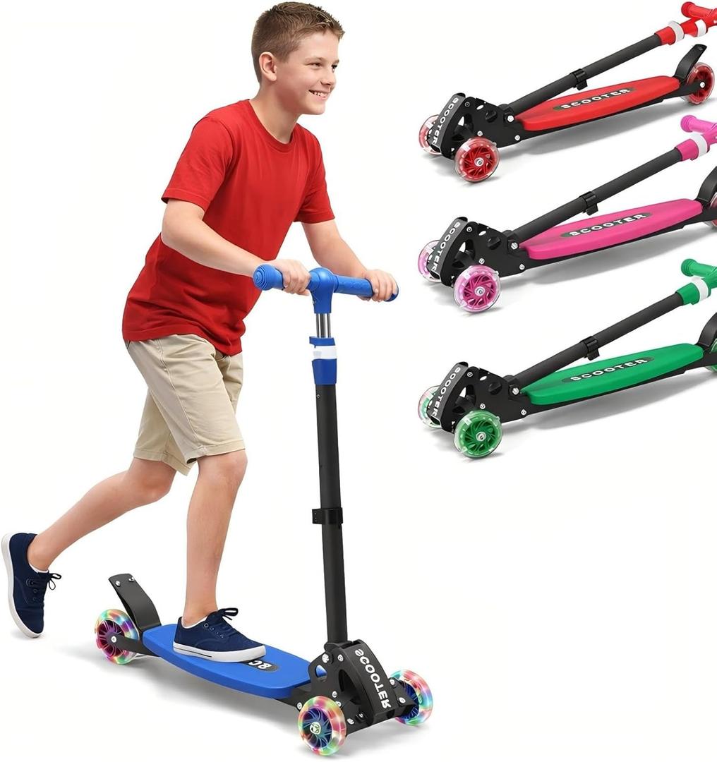 3 Wheel Kids Kick Scooter for Ages 3-12, Lean-to-Steer, Light-Up Wheels, 3-Level Adjustable Handlebar 27.5-33, Wide Non-Slip Deck, Dual Rear Brake,Travel Foldable, for Boys & Girls Toy Gifts (Blue)