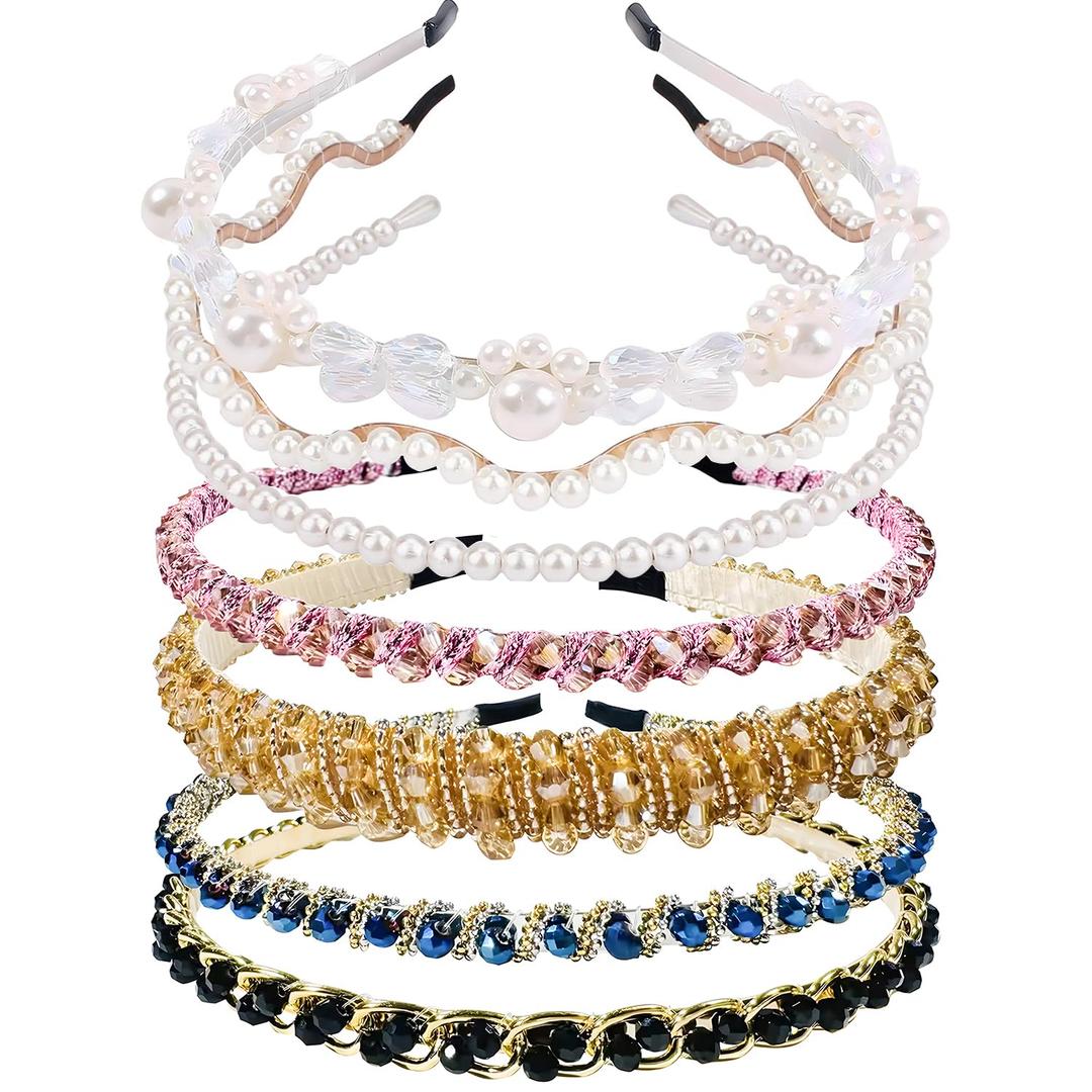 7-Pack Pearl Fashion Headbands, Artificial Pearl Rhinestone Shiny Beaded Hairbands, Non-Slip Cute Party and Wedding Hair Accessories,Suitable for Women and Girls