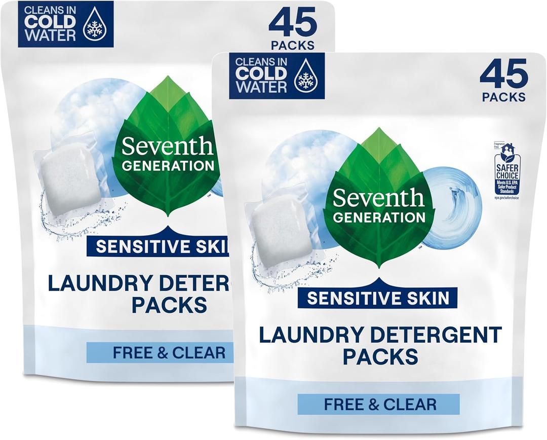 Seventh Generation Laundry Detergent Packs, Free & Clear, 90 Loads (2 pouches, 45 Ct EA)