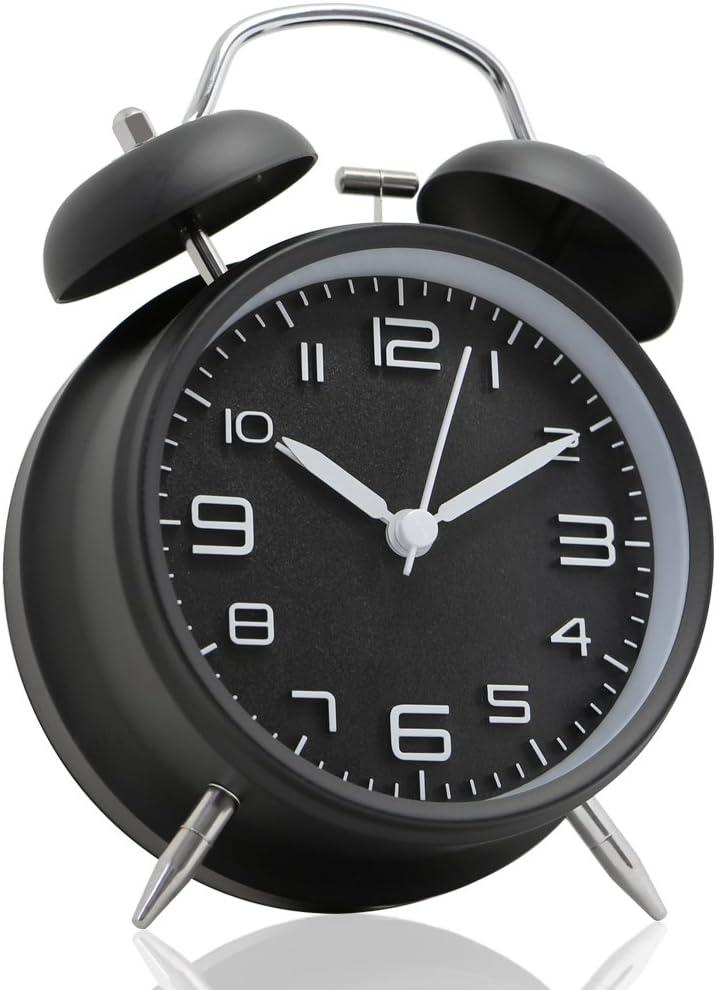 Betus [Non-Ticking Twin Bell Alarm Clock - Metal Frame 3D Dial with Backlight Function - Desk Table Clock for Home and Office - Midnight Black