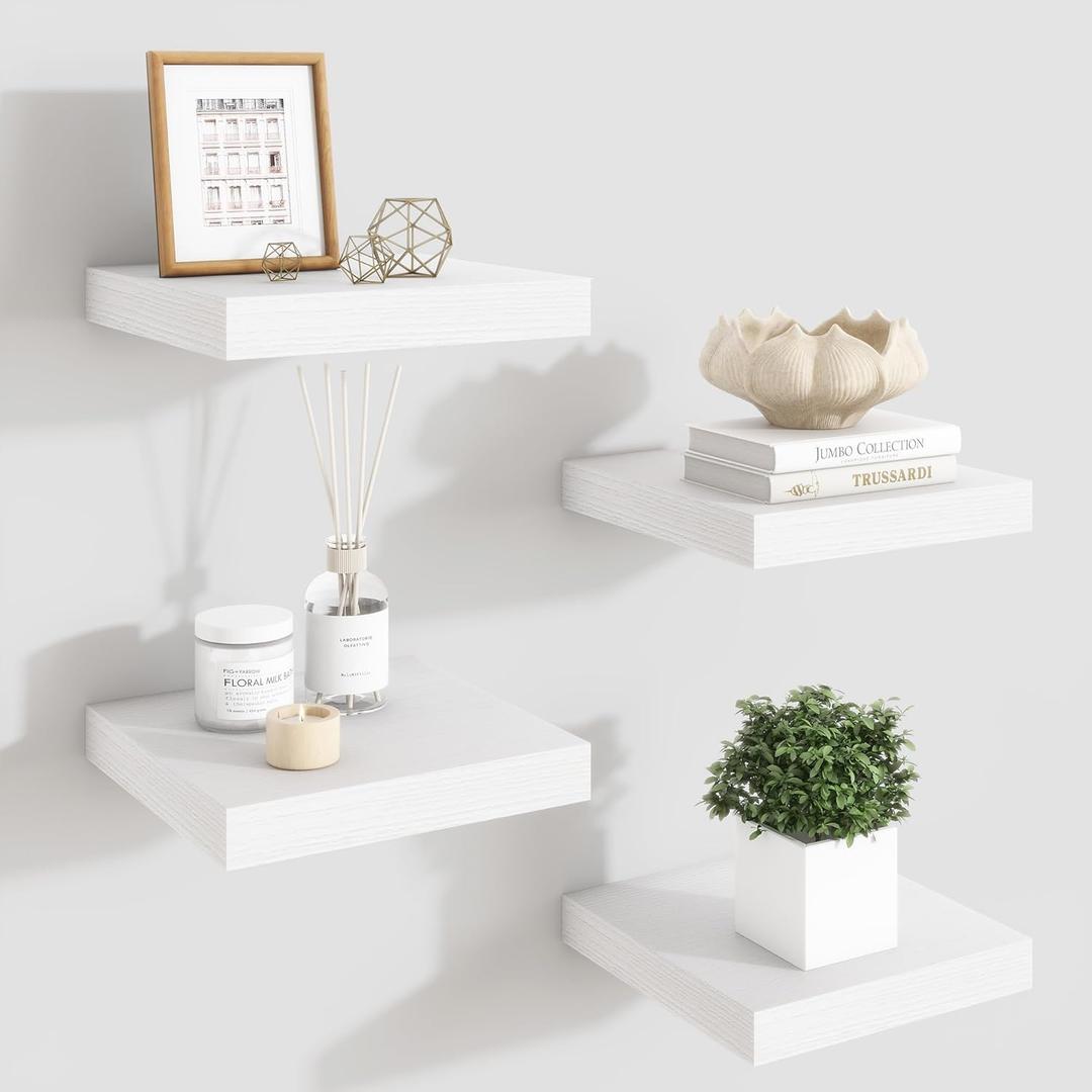 Fun Memories Floating Shelves for Wall - 7.5 Inch Square Shelves with Invisible Brackets, White Small Wall Shelf for Living Room, Bathroom, Bedroom, and Kitchen DecorSet of 4