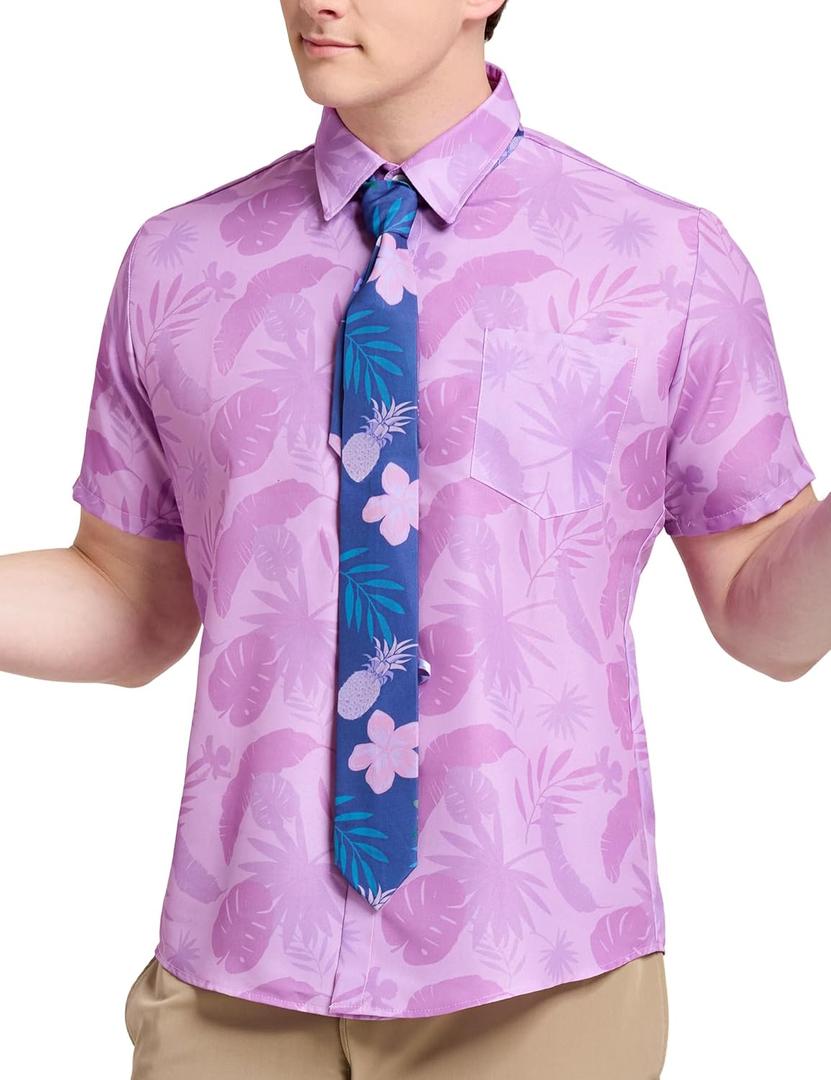 Nick Cosplay Costume, Hawaiian Pink Floral Fox Shirt with Tie for Adult Men, Halloween Animal Animated Film Character Suit (Purple)