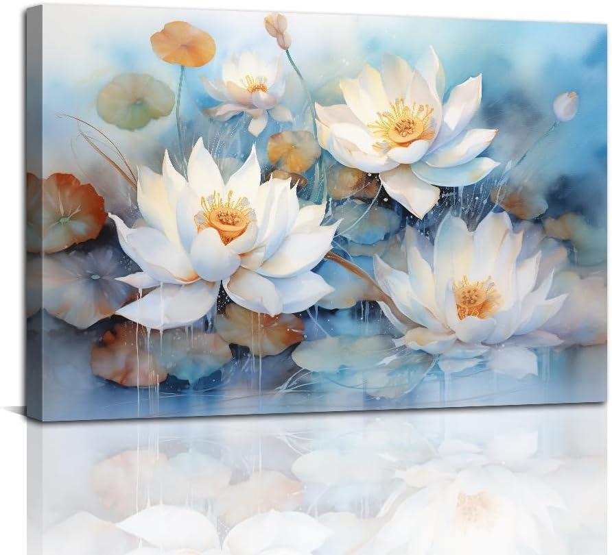 Lotus Flower Wall Art White Lotus Canvas Prints Zen Floral Pictures Flower Bloom Paintings Watercolor Artwork for Bathroom Spiritual Meditation Decor Framed(Lotus-2,16.00" x 24.00")