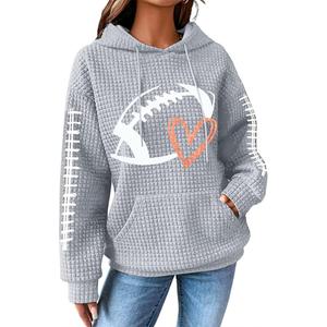 VILOVE Game Day Hooded Sweatshirt Women Funny Football Graphic Shirt Waffle Knit Game Day Pullover Hoodies Long Sleeve Gray, Size L
