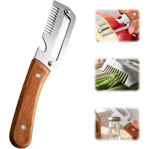 Multifunctional Vegetable Peeler with Wooden Handle, Stainless Steel Julienne Peeler and Potato Peeler, Durable Peelers for Kitchen, Fruit Carrot Skin Stripper, Bottle Opener, Trendy Kitchen Gadgets