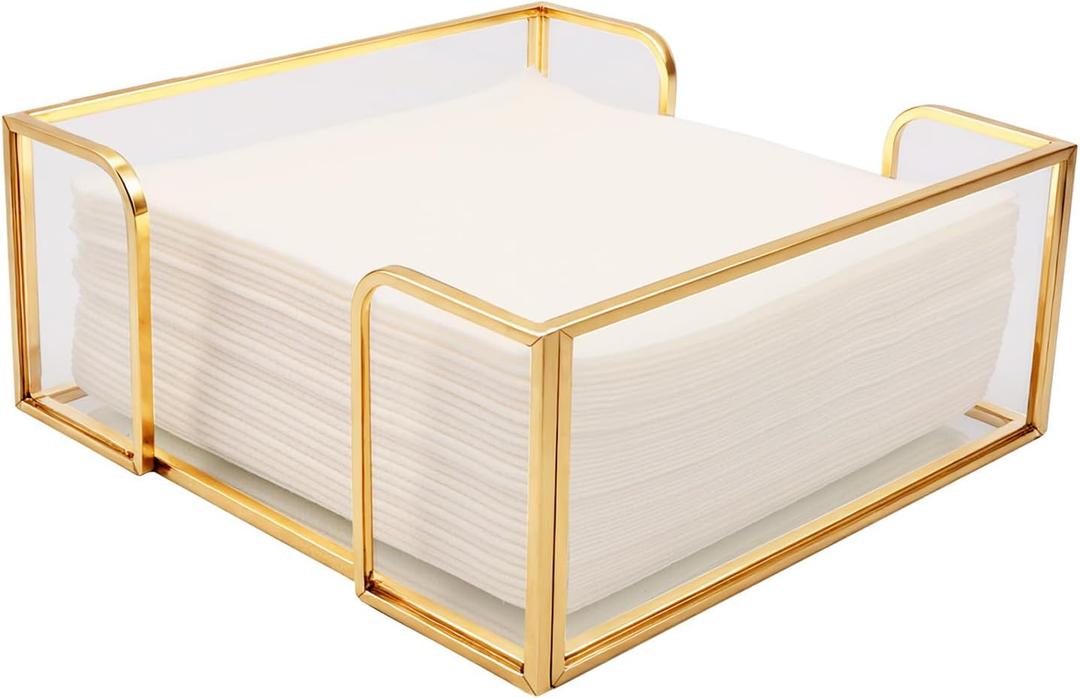 Cocktail Napkin Holder,Gold Square Napkin Holder Fit for 5x5 Cocktail-Sized Napkins,Glass Napkin Holders for Kitchen Counter Table Party Bar Decor