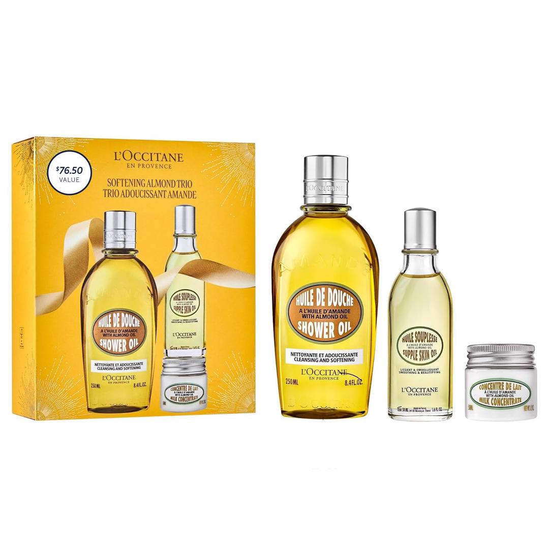 LOccitane Softening Almond Trio Gift Set, Holiday Skincare Essentials with Body Oils & Milk, Moisturizing Travel-Sized Daily Care for Smooth Skin