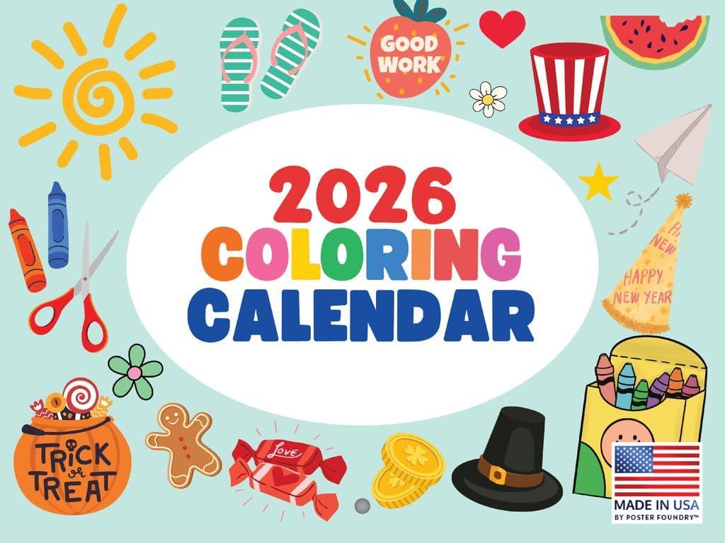 Kids Coloring Calendar 2026 Color Your Own Monthly Wall Calender 12 Month | American Made In The USA