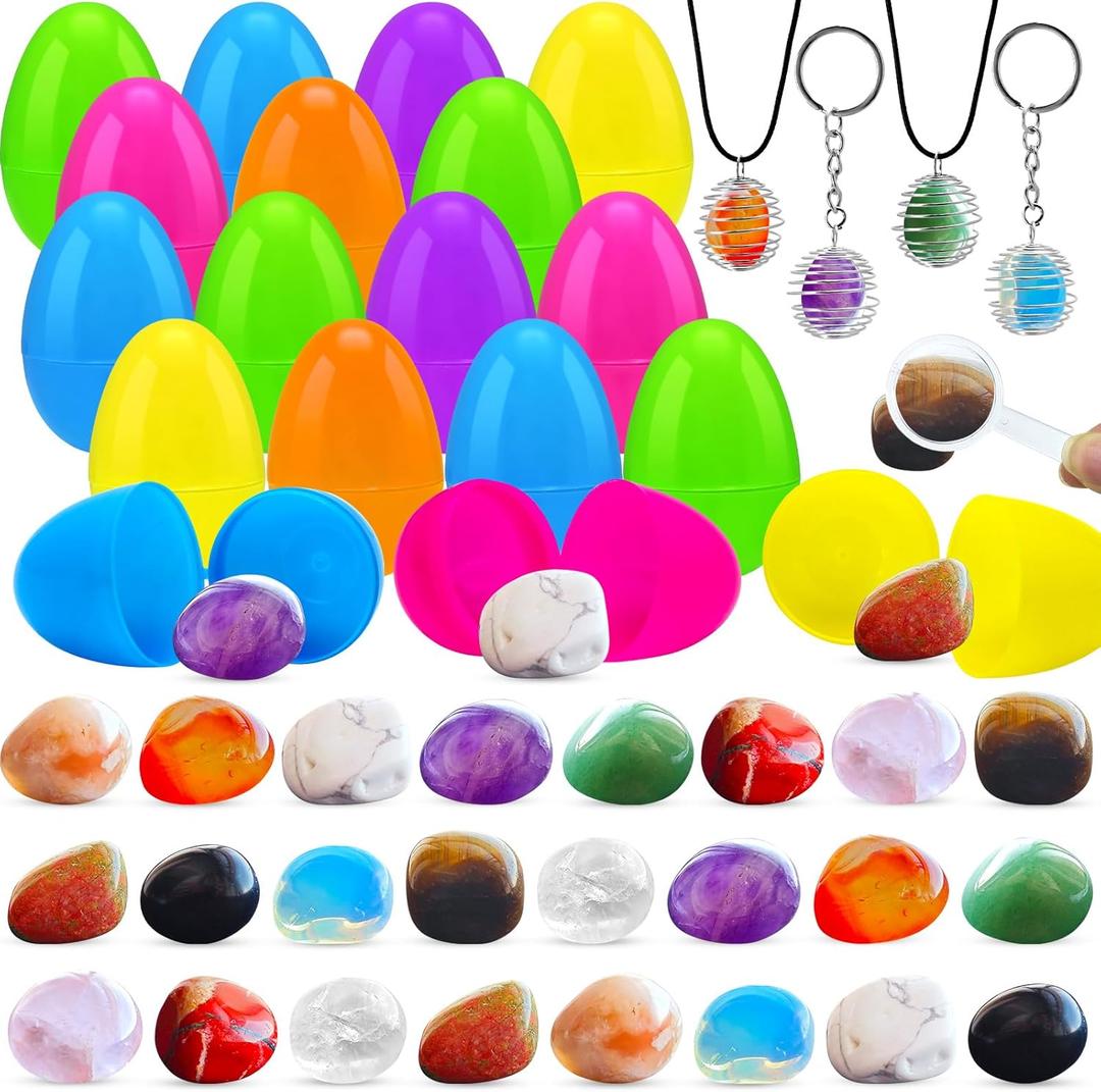 24 Pack Prefilled Easter Eggs with Gemstone, Filled Easter Eggs for Easter Basket Stuffers, Party Favors