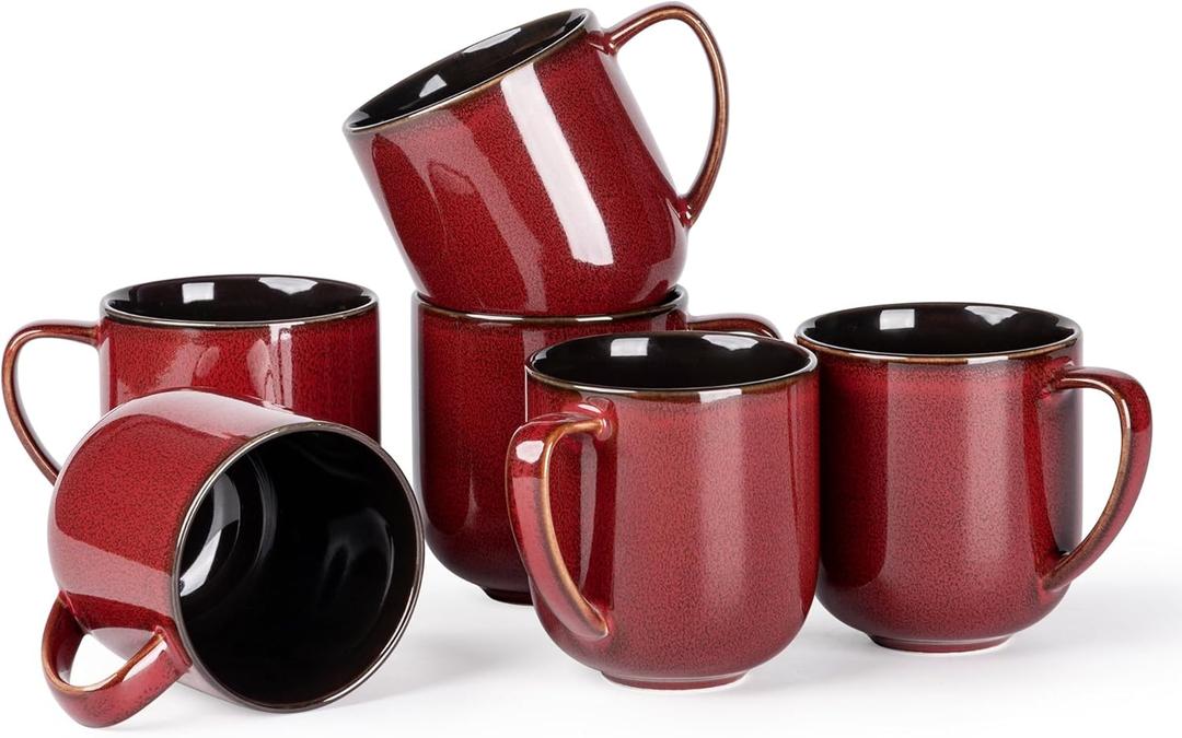 LERATIO 12OZ Ceramic Coffee Mugs Set of 6, Large Porcelain Coffee Cups With Large Handle For Latte,Cappuccino,Milk,Cocoa,|Dishwasher&Microwave Safe Mug Sets,Ideal for Man,Woman,Dad, Mom-Red (Reactive Glaze-2)