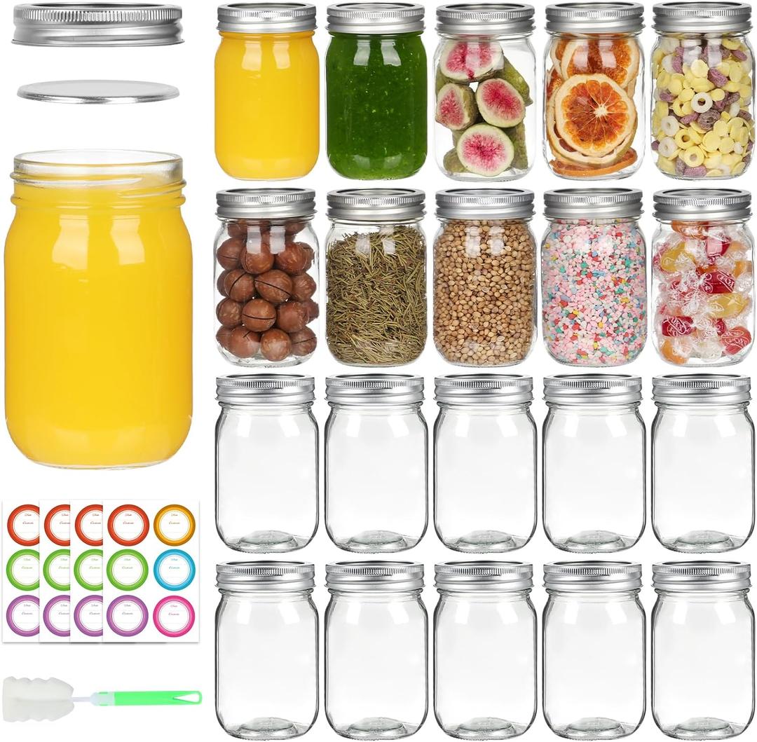 12 oz Glass Mason Jars With Lids 20 Pack,Reusable 350ml Round Canning Jars With Silver Separable Lids for Jam,Fruits Storage,Honey,Beverages and Wedding Favors(12 fl. oz, Set of 20)