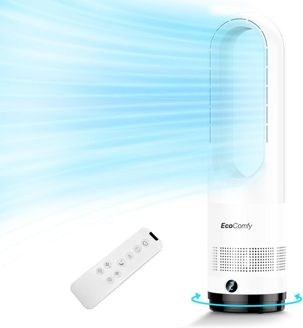 Bladeless Tower Fan for Bedroom, 22Inch Oscillating Cooling Fans with Remote, Quiet Bladeless Fan, 90 Swing, 8 Speeds, 9H Timer, LED Display for Home Office (White, 22inch Cool)