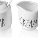 Sugar and Creamer Set, Cream Container and Sugar Holder Set for Coffee Bar, Farmhouse Sugar Bowl with Lid and Spoon, Ceramic Sugar Dispenser and Creamer Pitcher Set for Countertop (White)