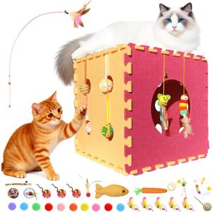 Larger-Size Interactive Cat Toys Cube Set, 30 Pcs Puzzle Box with Cooling Mat, Cat Wand, Feather Wand, Catnip, Bells & Balls for Indoor Cats