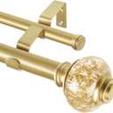 1 Inch Gold Double Curtain Rods 72 to 144 Inches (6 to 12 ft), USFOOK Drapery Rods for Windows, Telescoping Dual Curtain Rod with Luxury Translucent Finials