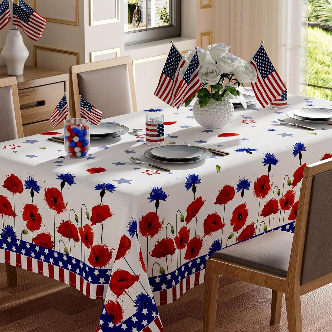 America Stars Red Blue Flowers Patriotic 4th of July Memorial Day Independence Day Tablecloth Square Washable Table Covers for Home Party Decorations 60x60 Inch