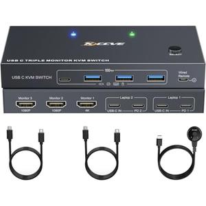USB C KVM Switch 3 Monitors 2 Laptops 4K 1080P@60Hz,USB-C Docking Station Triple Monitor KVM Switches with 4 USB 3.2 Ports,10Gbps 80W PD Charging, For Windows and Mac OS, Driver Installation is Required