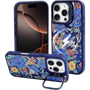 3 x J.west Compatible with iPhone 16 Pro Max Case 6.9" Case,Leopard Compatible with Magsafe with Kickstand Shockproof Bumper Animal Rugged Clear Phone Cover Cases (Navy Blue Roses, for iPhone 16 Pro Max)