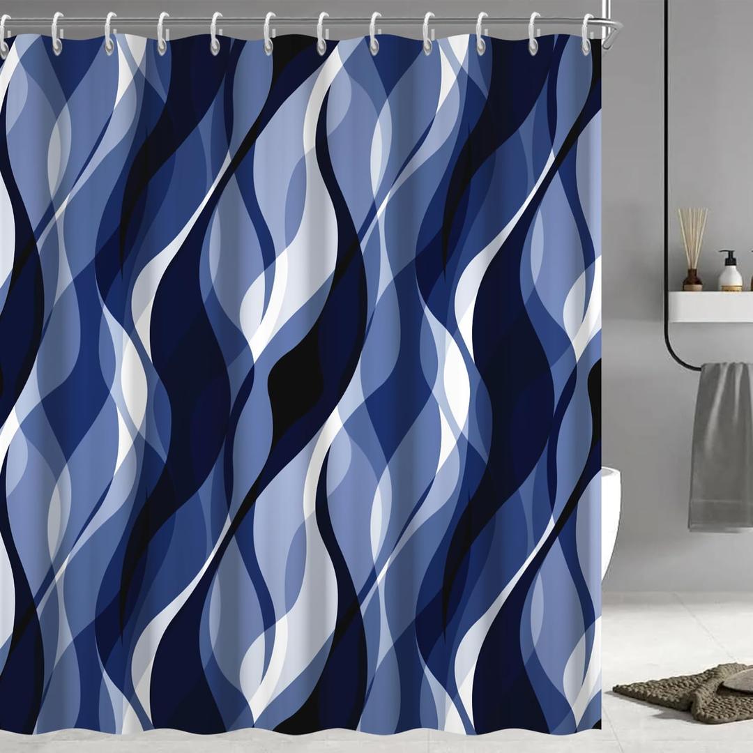 Navy Blue Shower Curtain, Modern Abstract Black and Blue Striped Shower Curtain Set for Bathroom Waterproof Shower Curtain with Hooks, 72x78 Inch, Navy 