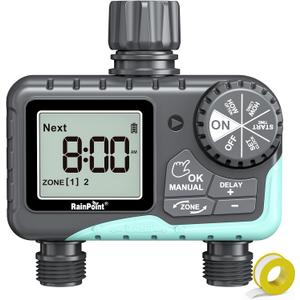 RAINPOINT Sprinkler Timer 2 Outlet, Water Timer for Garden Hose, Programmable Drip Irrigation Timer for Yard Outdoor Watering, Rain Delay/Manual/Automatic System Controller 2.5" LCD, V2, 2023 Release (1 pcs)