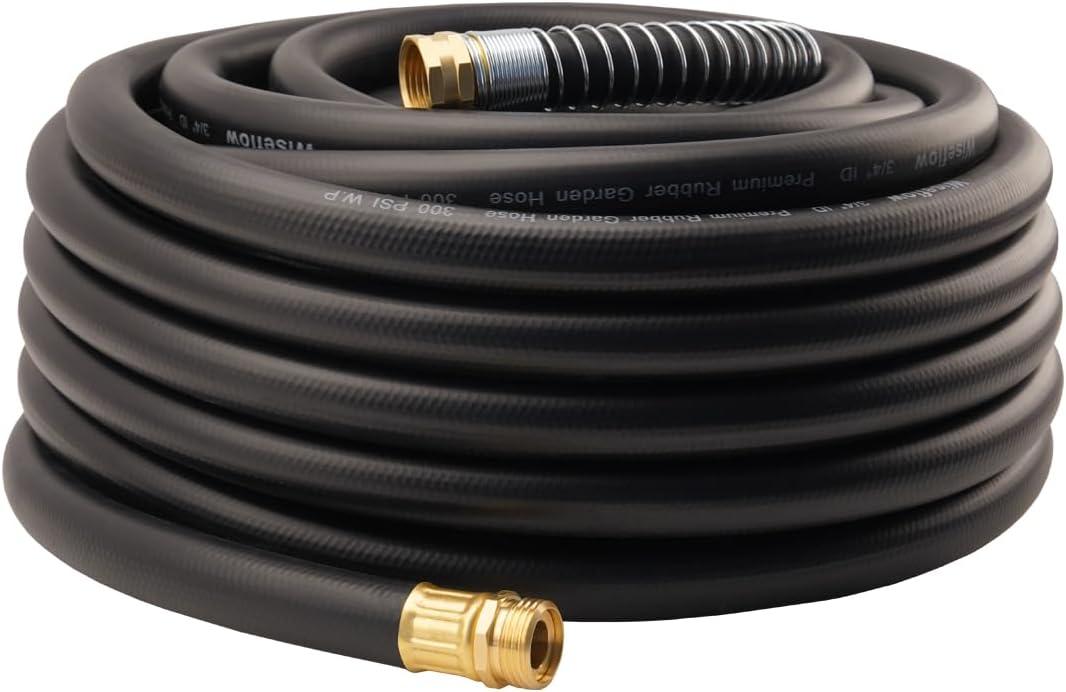 Wiseflow Garden Hose 75FT x 3/4", Heavy Duty Rubber Hose, Water Hose with Five Layered Braiding, Male Female Fittings, 1200PSI Burst, 300PSI Working for Yard, Car Wash, Pets (Black)