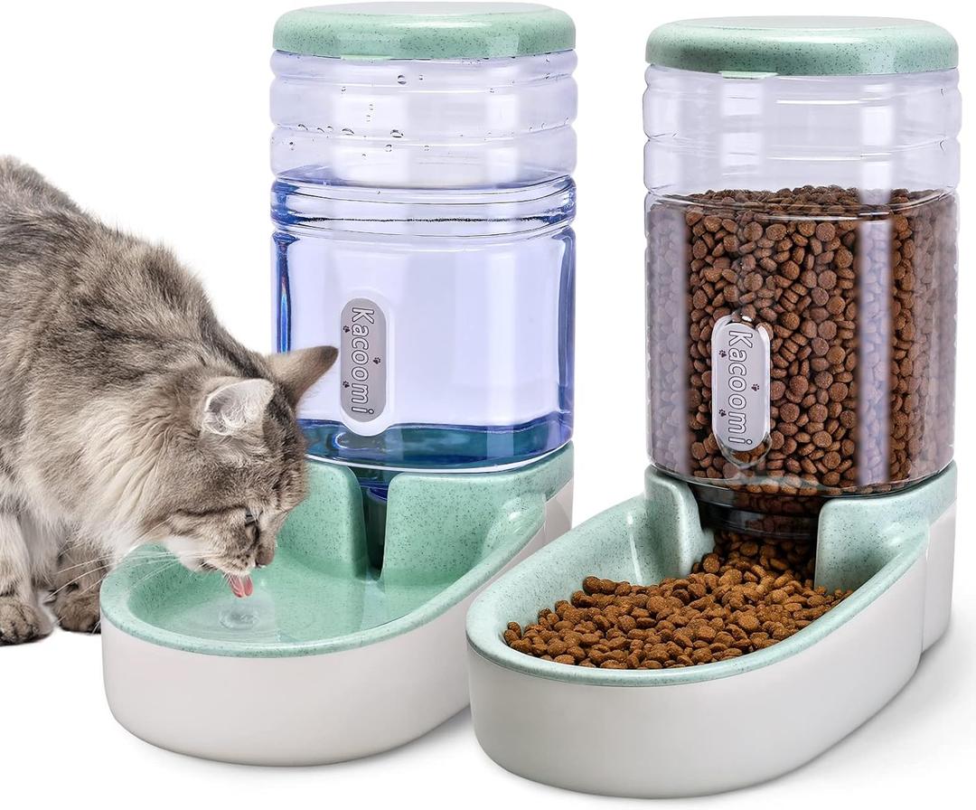 Automatic Dog Cat Feeder and Water Dispenser Gravity Food Feeder and Waterer Set with Pet Food Bowl for Small Medium Dog Puppy Kitten, Large Capacity 1 Gallon x 2 (Green)
