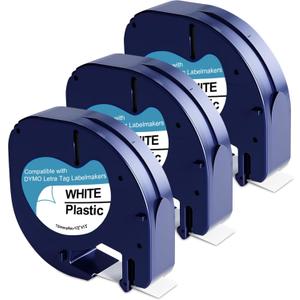 3-Pack 91331 Plastic White Label Tape Replacement for Dymo Letratag Refills 12mm x 4m 1/2 Inch x 13 Feet Work with DYMO LetraTag LT-100H LT-100T QX50 Label Makers