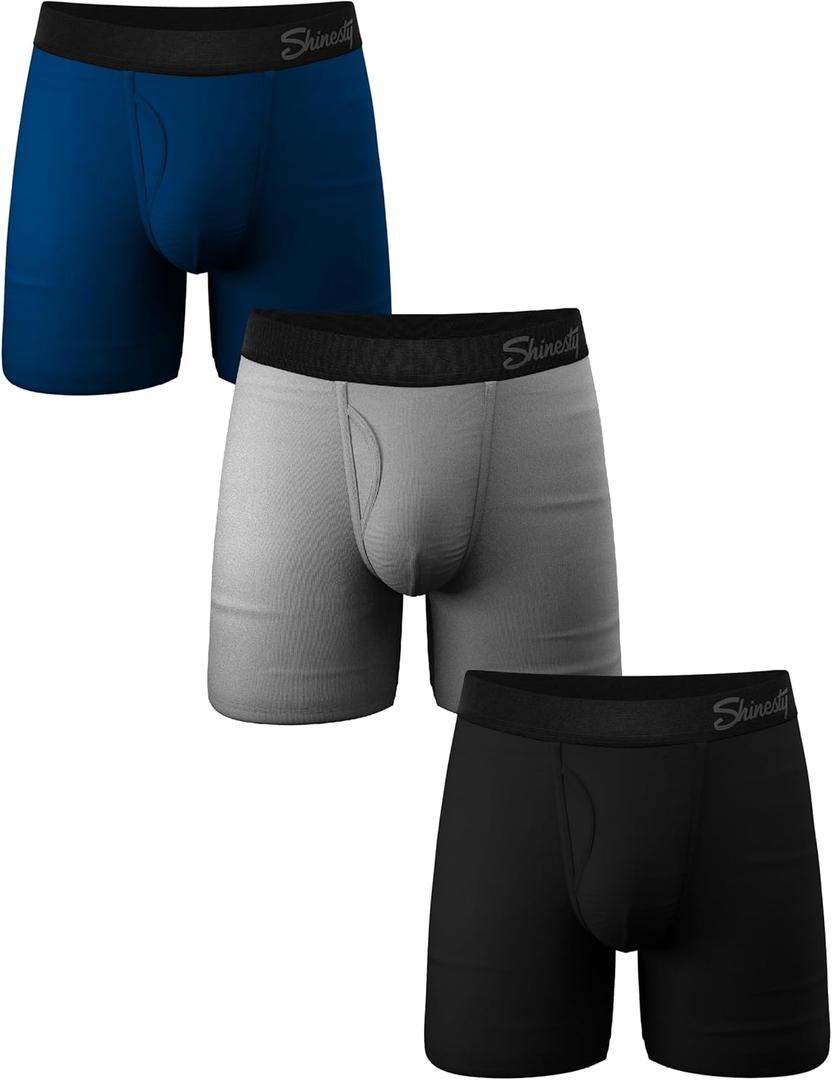 Shinesty Mens Boxer Briefs, Supportive Ball Hammock® Mens Underwear with Pouch and Fly for Balls, Mens Sexy Underwear, Super Soft, Breathable and Moisture Wicking, 3 Pack X-Large Black Grey Navy
