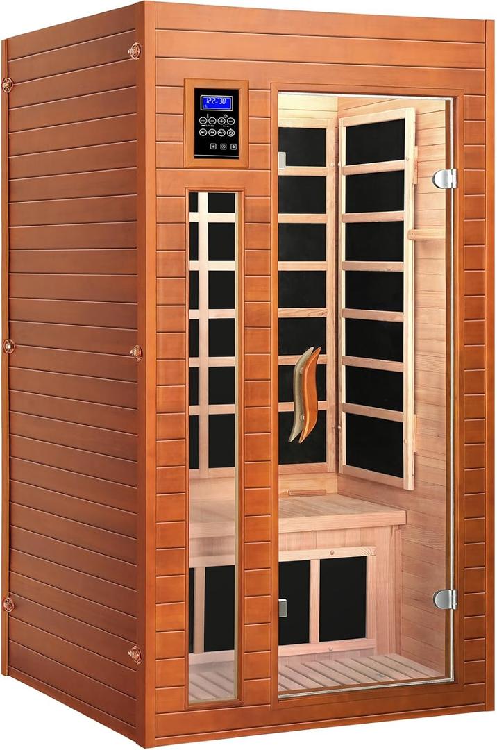 1-2 Person Infrared Sauna, Dry Heat Sauna with Red Light Therapy, Bluetooth, Radio, 7-Color Therapy Light for Home, Indoor, Gym, Wellness Center, 36 x 36 x 73