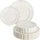 Sparkle and Bash 60 Cream Plastic Party Plates - Includes 30 9.8-Inch Dinner & 30 7.5-Inch Dessert - Vintage Floral Border & Gold Trim - Disposable Plastic Plates for Weddings, Showers & Events