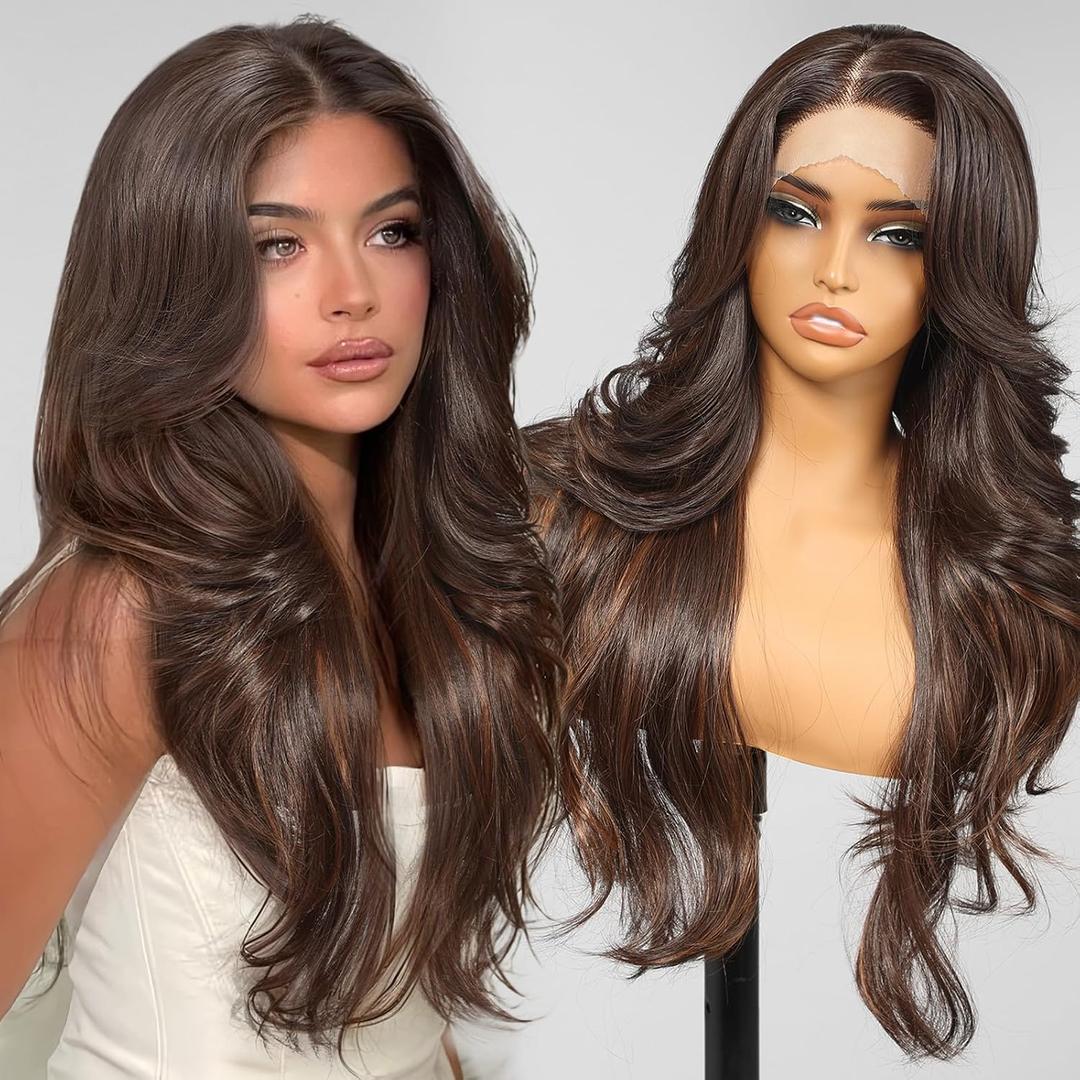 KOME Brown Synthetic Lace Front Wig,13x4 HD Lace Layered Wave Glueless Wigs for Women Daily Use 26IN