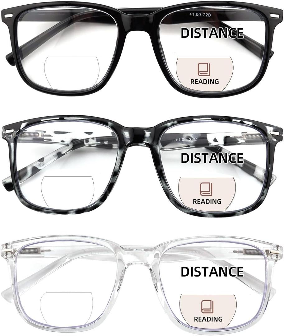3 Pack Bifocal Reading Glasses for Women Men, PC Rectangle Bi-focal Readers with Spring Hinge Far & Near Vision (3 Pack: Clear + Black + Gray Tortoiseshell)