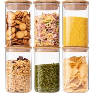 Glass Food Storage Jars 37 oz Set of 6,Glass Storage Containers Clear Glass Food Canister with Bamboo Lid Airtight For Serving Tea, Coffee, Flour, Sugar, Candy, Cookie, Spice and More (Square)