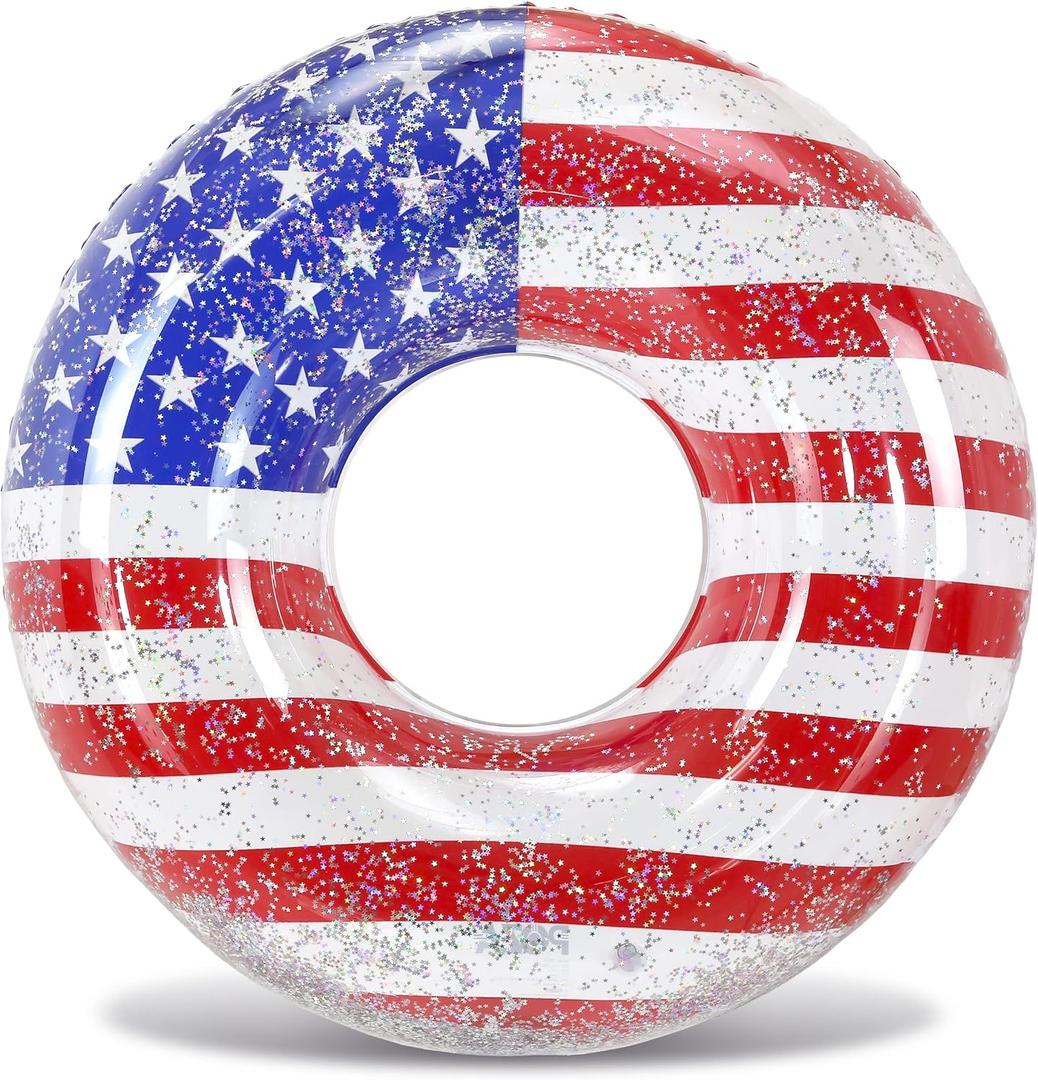 POZA Inflatable USA Pool Float - Luxurious Fun Lounger Filled with Sparkle Silver Stars Confetti, Cool USA Flag Design Water Swimming Pool Floaties for Beach, Lake & Pool (USA Giant 48")