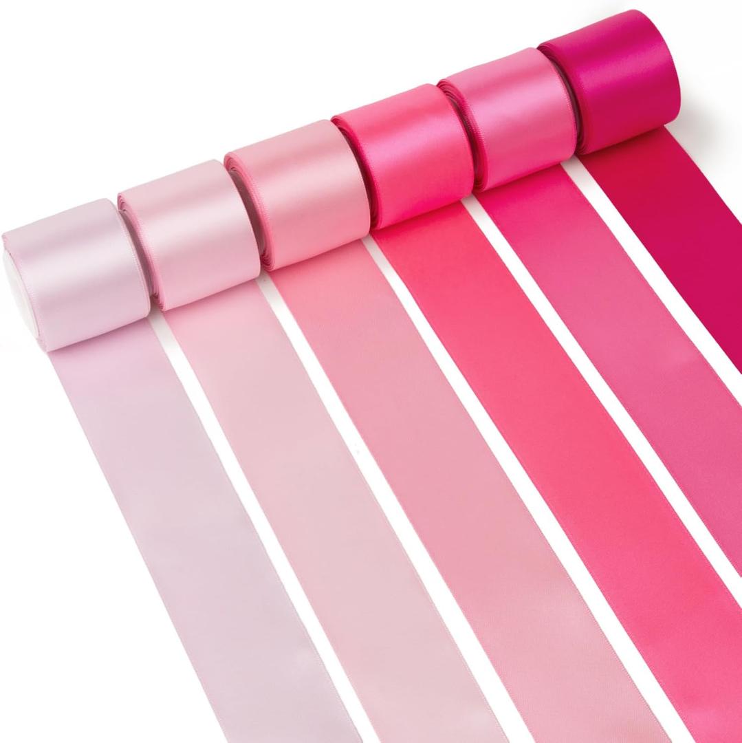 Pink Satin Ribbon 1-1/2 Inch Assorted Double Faced Pink Ribbon Set for Flower Bouquet, Gift Wrapping, Wedding Invitation, Bridal Shower Decor, Hair Bows and Crafts, 6 Rolls Total, 30 Yards