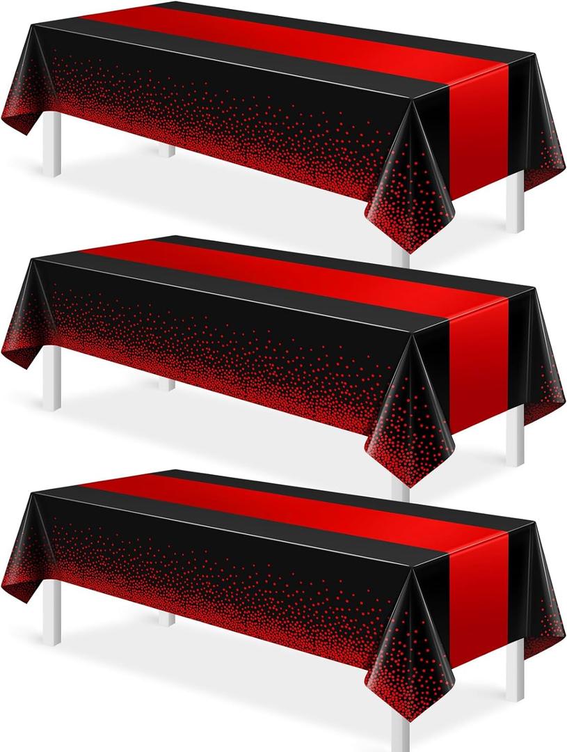 MASHAN 3Pcs Black and Red Tablecloth Party Decorations,Plastic Black Table Cloth Printed Red Table Runner Disposable Rectangle Cover for Birthday Weeding Anniversary Graduation Party,54 x108 Inch