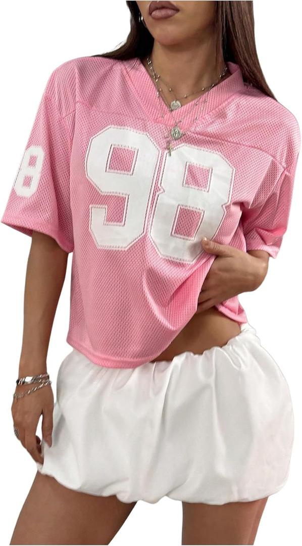 RoseSeek Women's Number Print Mesh Jersey Shirts V Neck Half Sleeve Crop Tops Workout Graphic Tees (M)