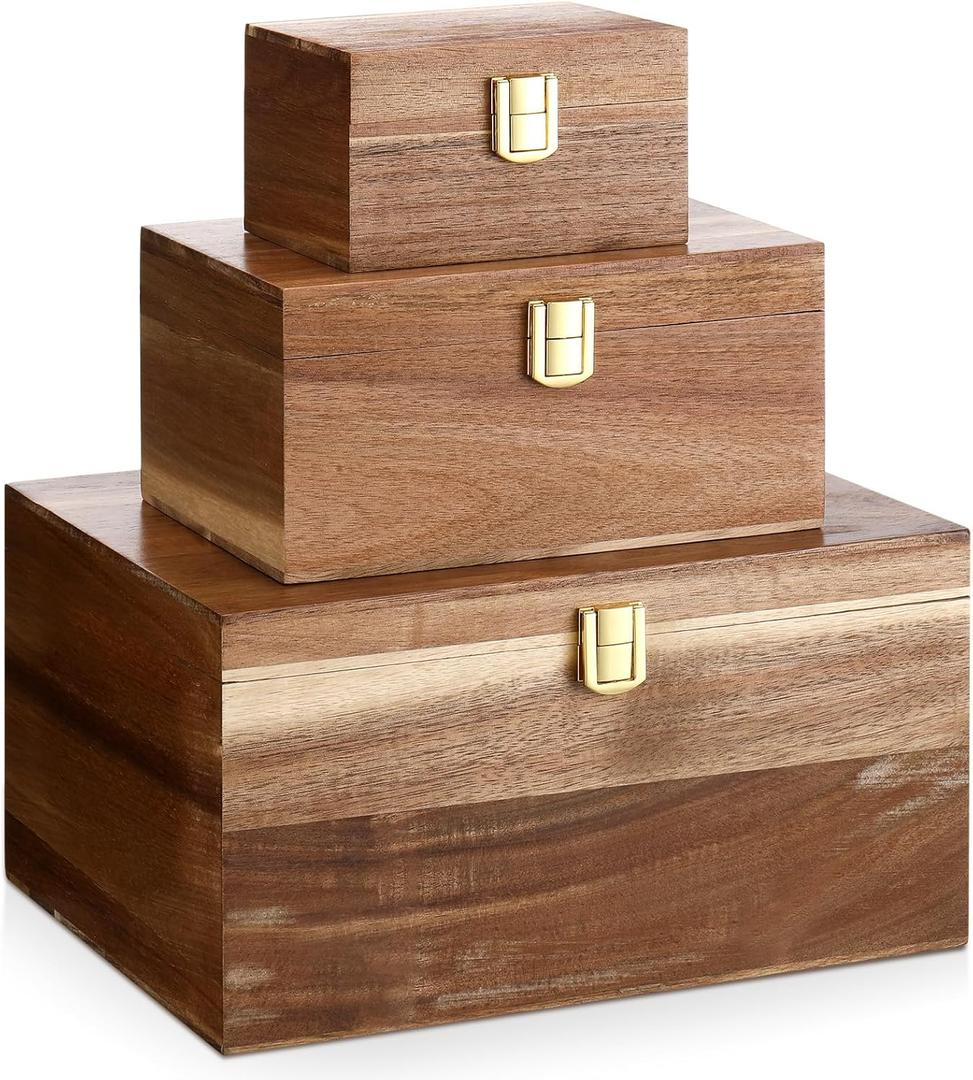 Novabright 3 Pack Wooden Keepsake Box, 3 Size Handmade Decorative Treasure Chest Box, Gift Ideas for Men & Women Jewelry Rings Storage(Brown,Acacia,Simple)