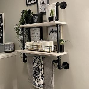 ROGMARS White Floating Shelves for Wall Bathroom 24 Inch, Industrial Pipe Shelving Wall Mounted Shelves with Towel Bar Hooks Coffee Bar Shelves Wine Hanging Display Rack Bookshelf Living Room Decor