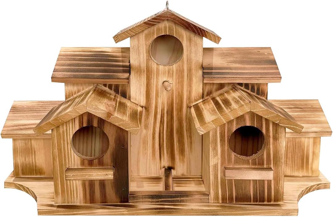 Wooden Bird House for Outside, 7-Compartment Large Birdhouse Castle with Perches, Weatherproof Burnt Wood Hanging Bird Nest for Garden Patio, Decorative Bird Shelter for Bluebird, Finch, Sparrow