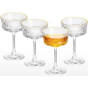 Coupe Glasses, Gold Rim Martini Coupe Glasses Set of 4, 8 oz Classic Cocktail Glassware - Champagne, Manhattan, Cosmopolitan, Crystal Goblets, Vintage Art Deco Luxury