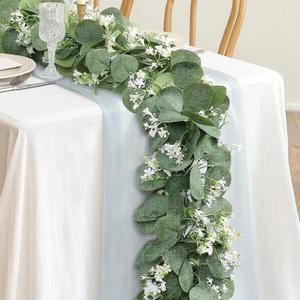 KHOYIME Eucalyptus Garland with White Flowers, 2 Packs 5.9Ft Artificial Silver Dollar Eucalyptus Leaves Plant Fake Greenery Hanging Ivy Vines Faux Wreath for Wedding Arch Party Mantle Table Home Decor
