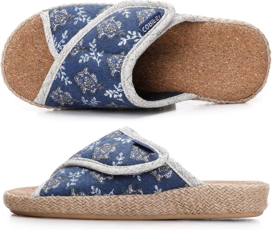 Women Slippers with Cork Insole Arch Support Adjustable Indoor Slides Rubber Sole (10, Blue)