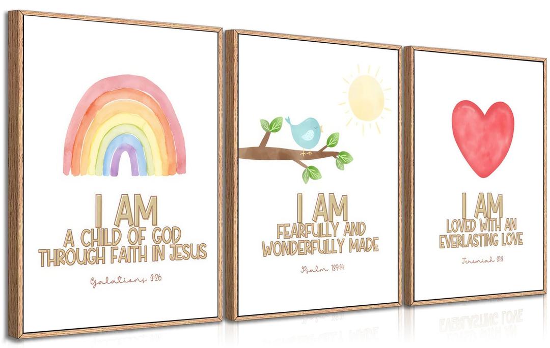 FTQYQLD Bible Verse Wall Art for Nursery - Set of 3 Watercolor Christian Posters - I Am A Child of God Scripture Prints - Religious Baby Room Decor for Boys Girls Bedroom Playroom - 12x16in
