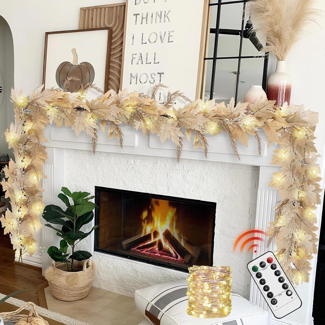 Neutral Fall Garland for Mantle - 9 Ft Fireplace Decor Farmhouse Autumn Leaf Garlands with Lights Decorations for Home Stair Table Decorations Full Realistic Leaves Thanksgiving Halloween Boho Decir