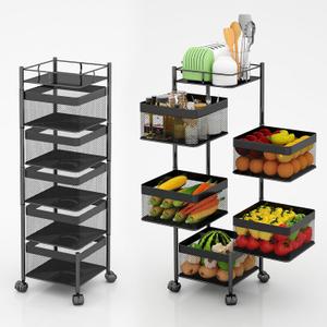 Fruit and Vegetable Basket for Kitchen No Assembly Rotating Storage Rack,Bathroom Storage Shelf, Kitchen Organizers and Storage Cart on Rolling Wheels(Black, 5 Tier-Square)