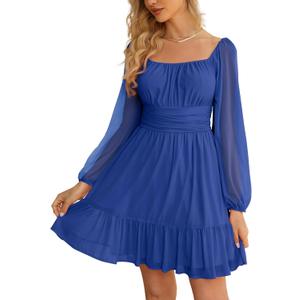Wenrine Women's Mesh Long Sleeve Square Neck Dress High Waist A Line Ruffle Hem Flowy Casual Party Mini Dress (Blue), S
